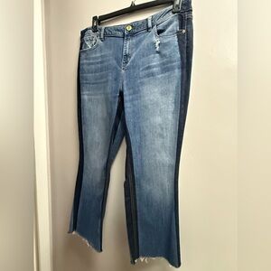 EUC Lane Bryant Distressed MidRise Boot Cut Jeans Medium + Dark Contrast Stripes